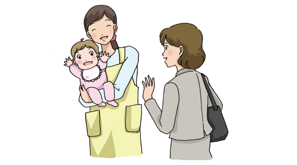 赤ちゃんを抱く保育士と子供を迎えに来たママ