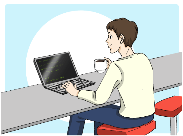 コーヒーを片手にパソコンで作業をする男性